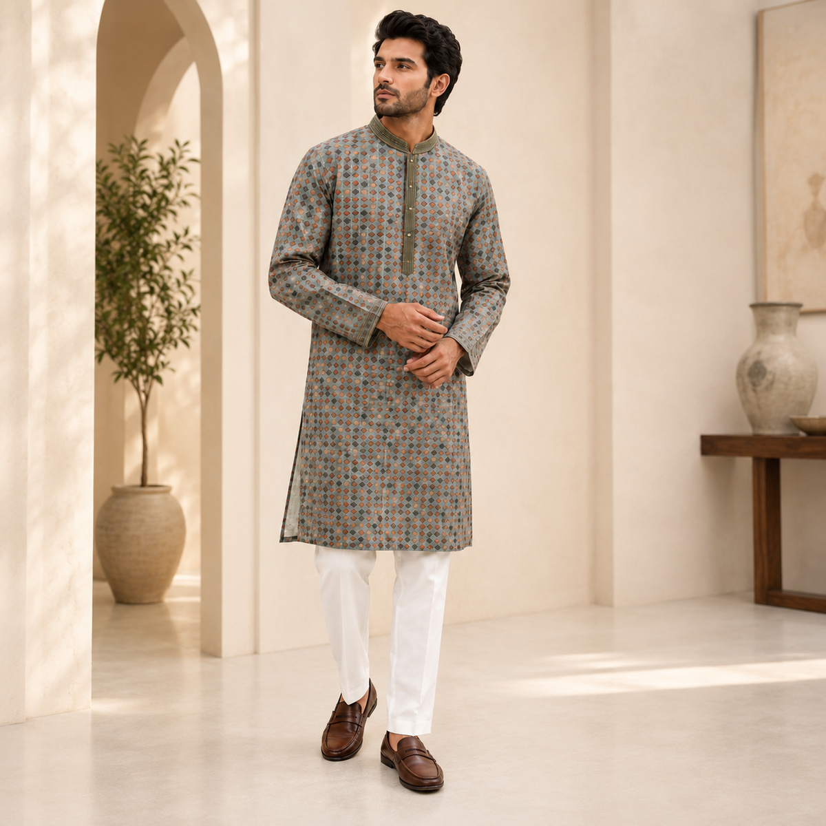 Classic Grey Geometric Long Kurta Set – DMJ1318