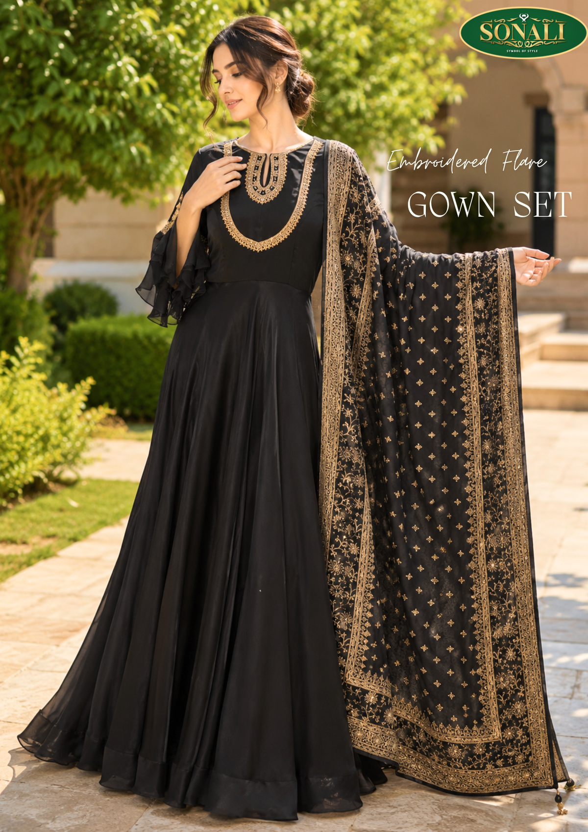 Midnight Noir Embroidered Flare Gown Set