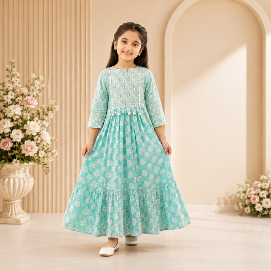 Girls Aqua Printed Long Dress – GGE1990