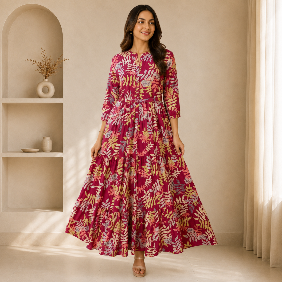 Vibrant Botanical Tiered Flare Maxi Dress – GW011