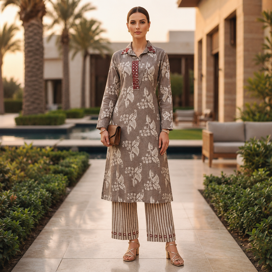 Brown Floral Kurta Palazzo Set – TP016