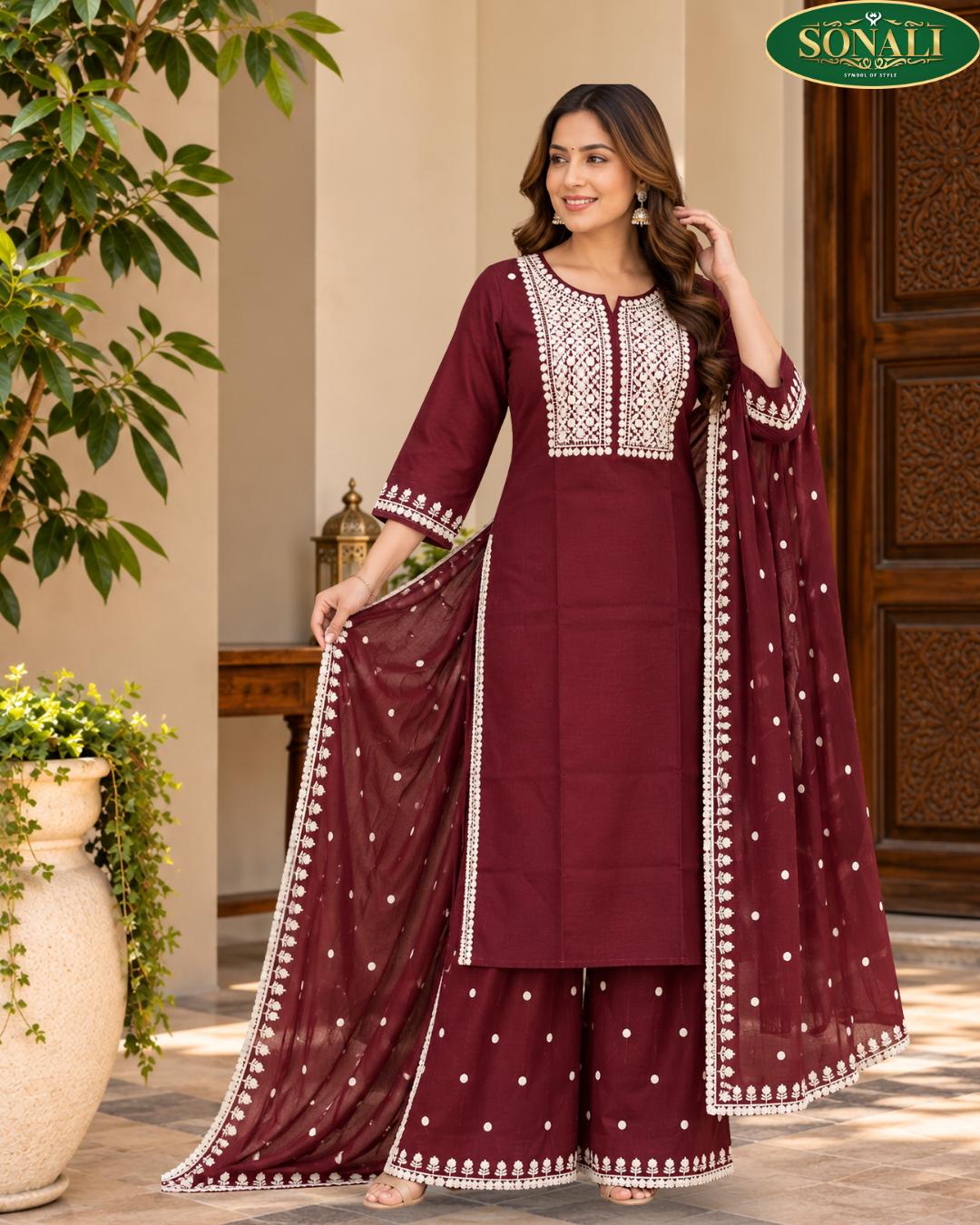 Elegant Brown Embroidered Straight-Suit  with Flared Palazzo & Dupatta