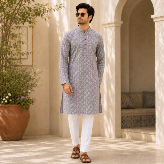 Lavender Printed Mal Mal Kurta Set – DMJ135