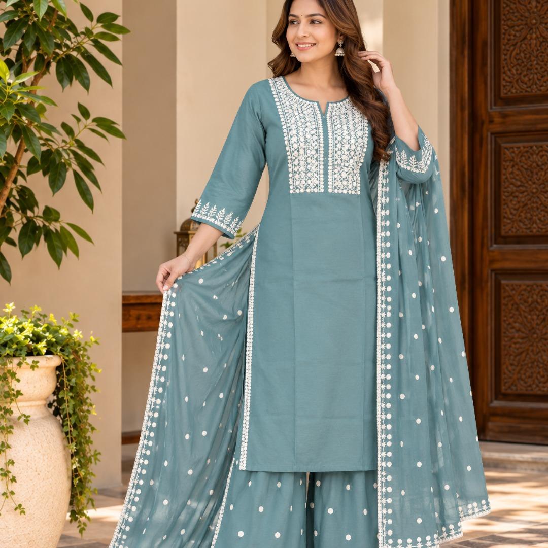 Elegant Brown Embroidered Straight-Suit  with Flared Palazzo & Dupatta