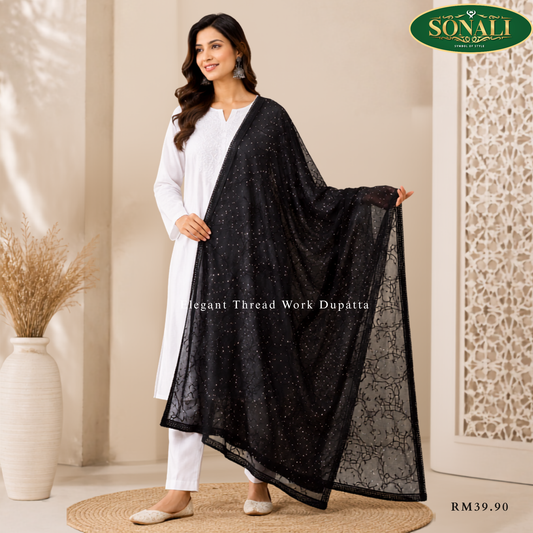 Thread Work Net Dupatta with Shimmer Detailing
