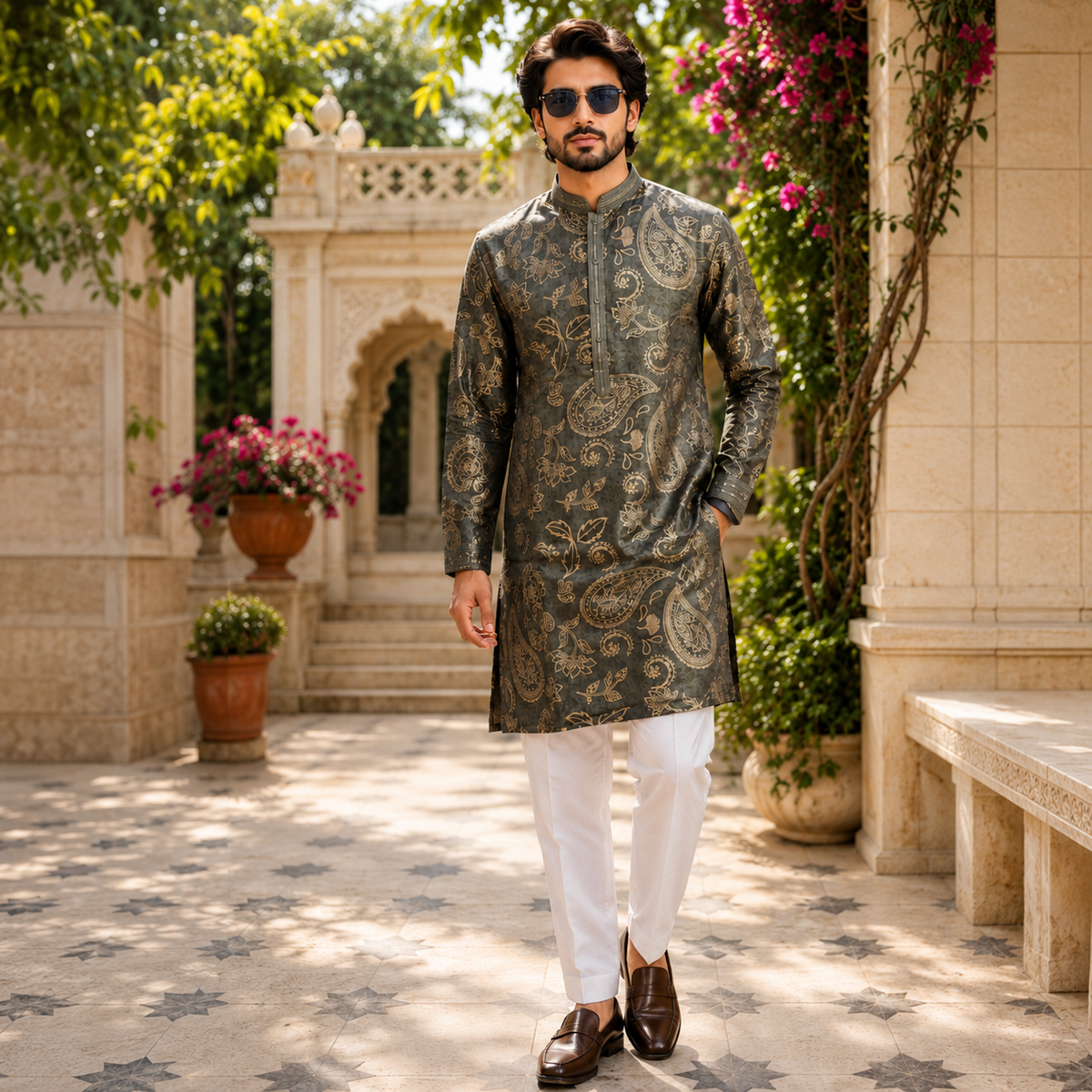 Charcoal Paisley Printed Soft Silk Kurta Set – DMJ1314 Charcoal