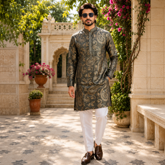 Charcoal Paisley Printed Soft Silk Kurta Set – DMJ1314 Charcoal