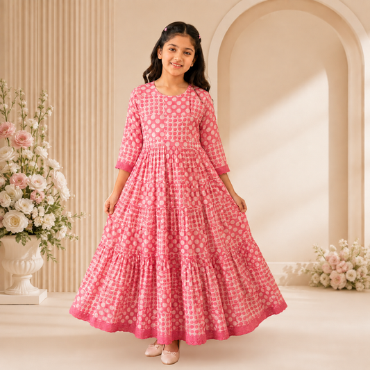 Girls Pink Polka Dot Long Dress – GGE1990