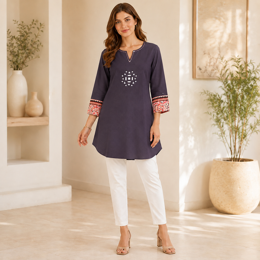 Neutral Tone Boho Kurti/Top - LJE135 (Black)