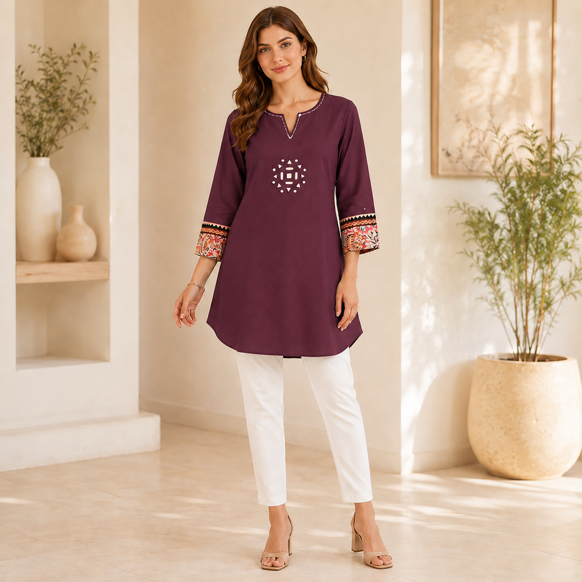Neutral Tone Boho Kurti/Top - LJE135 WINE