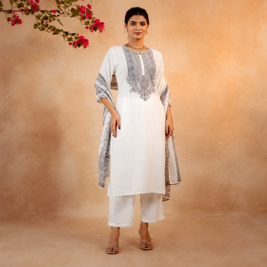 White Printed Cotton Salwar Kameez/Punjabi Suit – LSK149 White