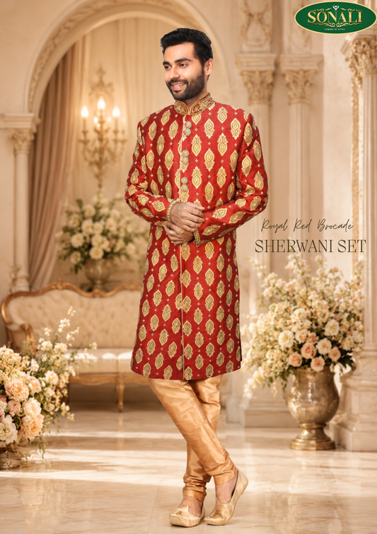 Royal Red Brocade Sherwani Set