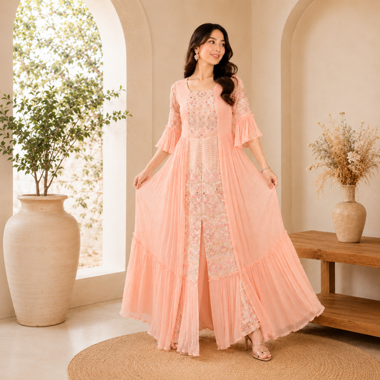 Elevate Your Elegance Side-Cut Anarkali Set – Peach | LSK599