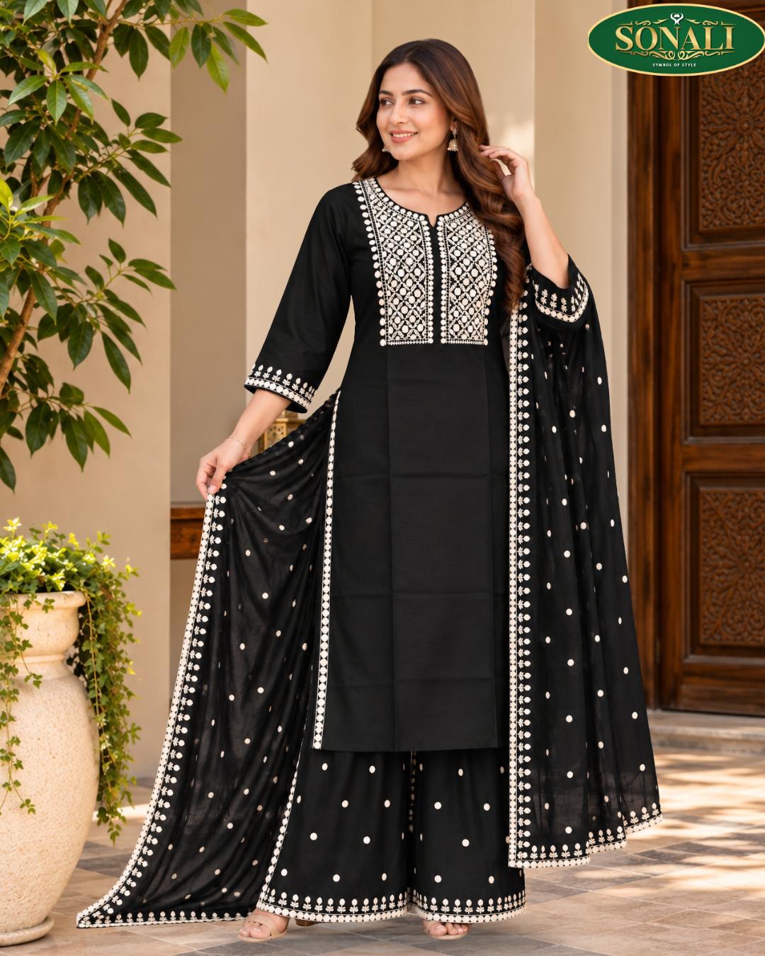 Elegant Brown Embroidered Straight-Suit  with Flared Palazzo & Dupatta