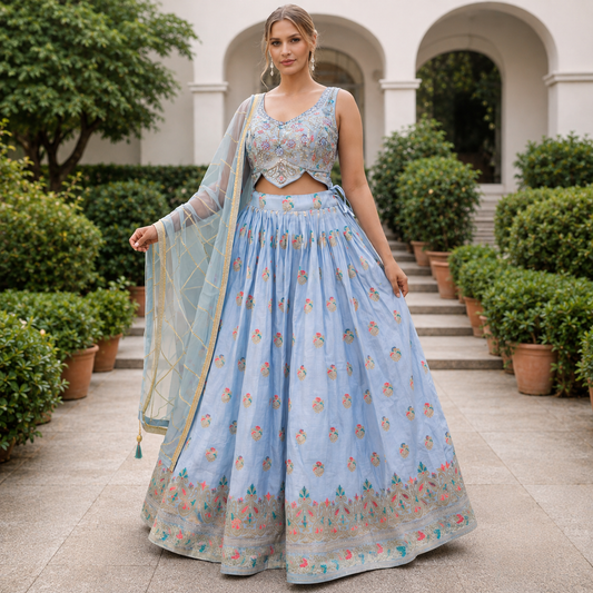 Powder Blue Floral Embroidered Flair Lehenga Set – TSD011