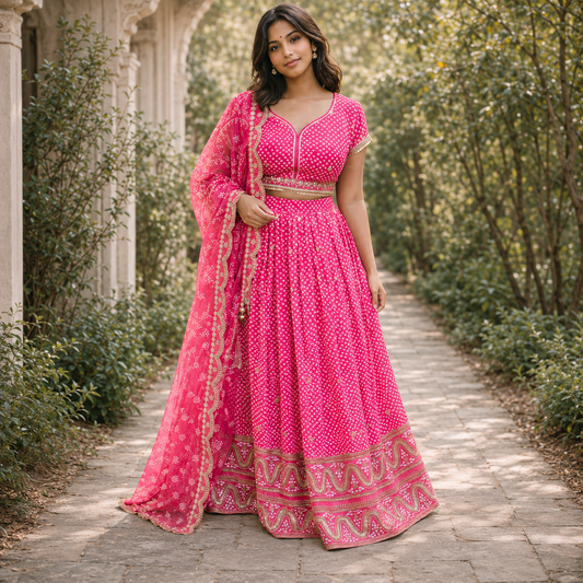 Hot Pink Bandhani Flair Lehenga Set with Dupatta – TSD028