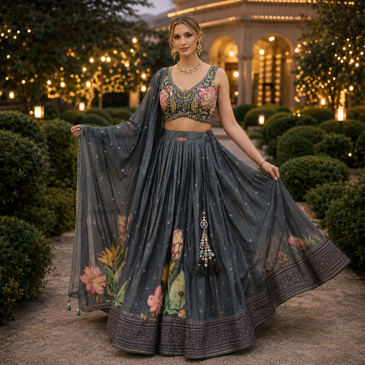Charcoal Grey Floral Embroidered Flair Lehenga Set – TSD035