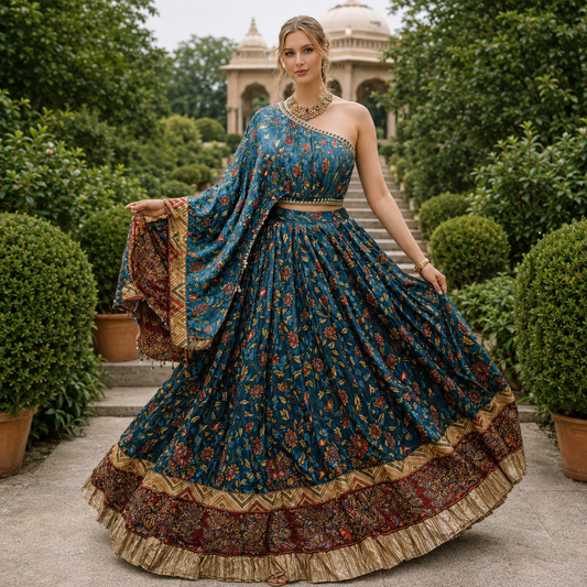 Teal  Blue One-Shoulder Floral Flair Lehenga Set – LLE-899
