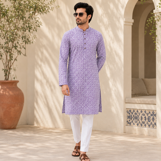Light Purple Printed Mal Mal Kurta Set – DMJ135