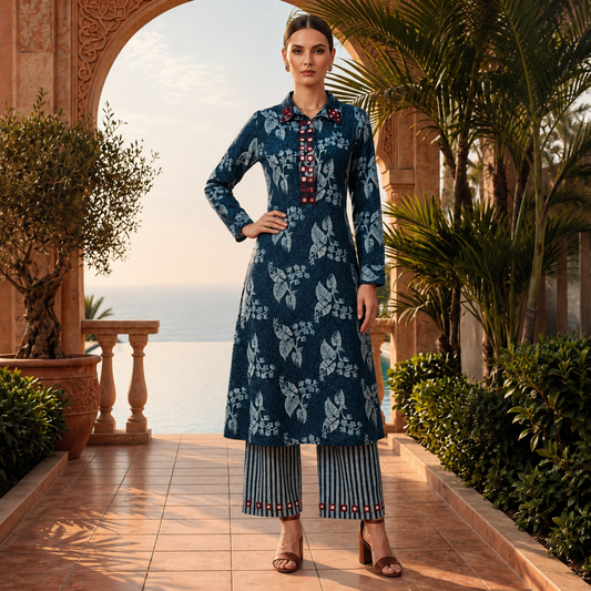 Navy Floral Kurta Palazzo Set – TP016