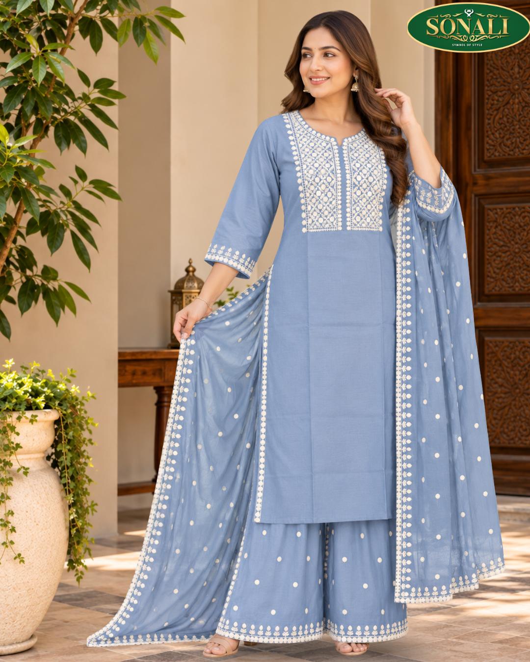 Elegant Brown Embroidered Straight-Suit  with Flared Palazzo & Dupatta