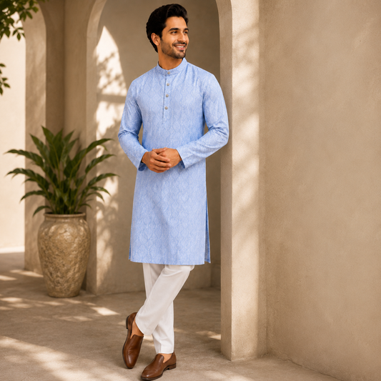 Sky Blue Textured Long Kurta Set – DMJ142