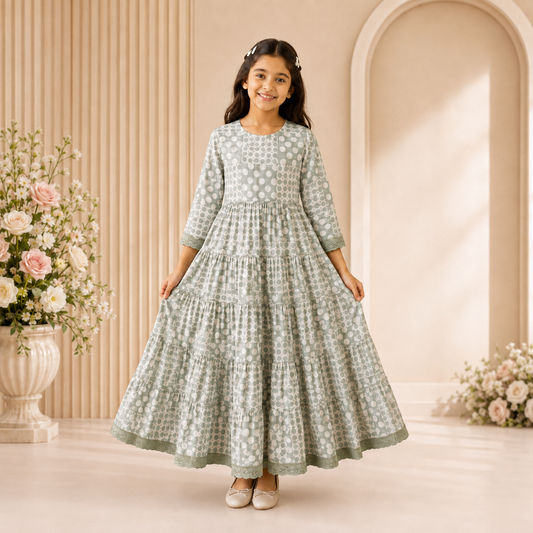 Girls Sage Polka Dot Long Dress – GGE1990