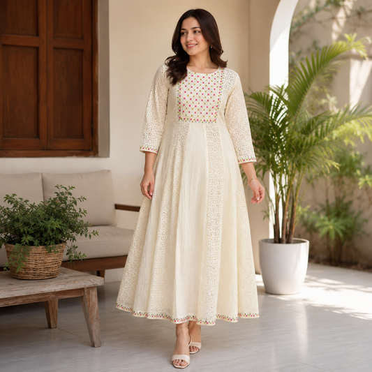 Ivory Eyelet Embroidered Flare Maxi Dress – LJE1313