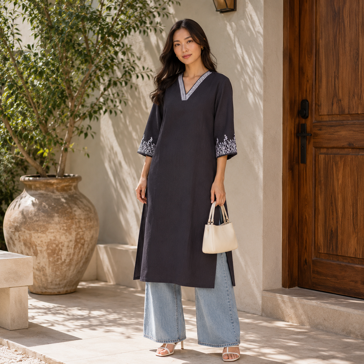 Serene Courtyard Long Kurti/Top - LJE138 Black