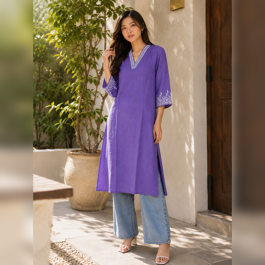 Serene Courtyard Long Kurti/Top -  LJE138 Purple