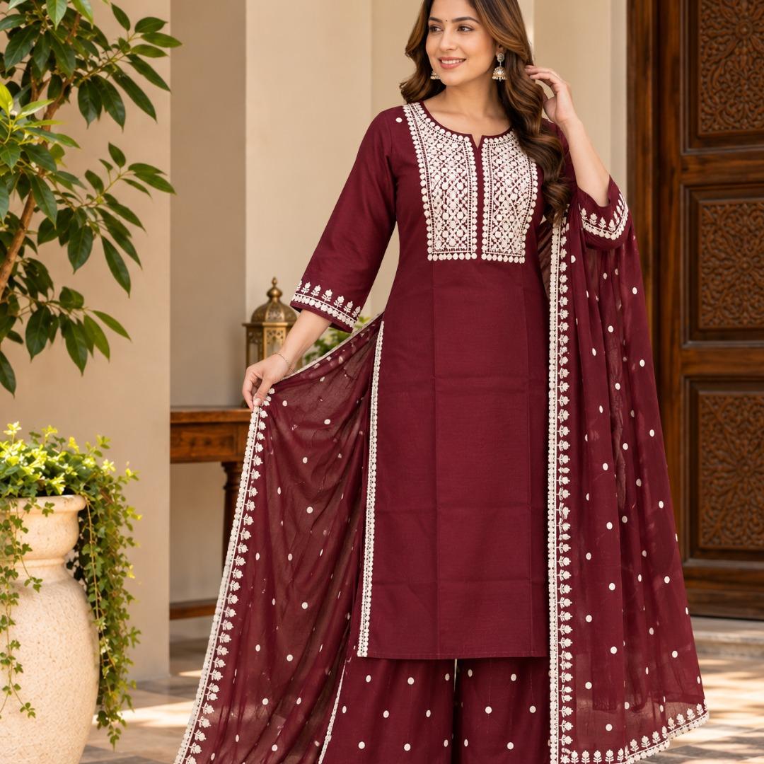 Elegant Brown Embroidered Straight-Suit  with Flared Palazzo & Dupatta