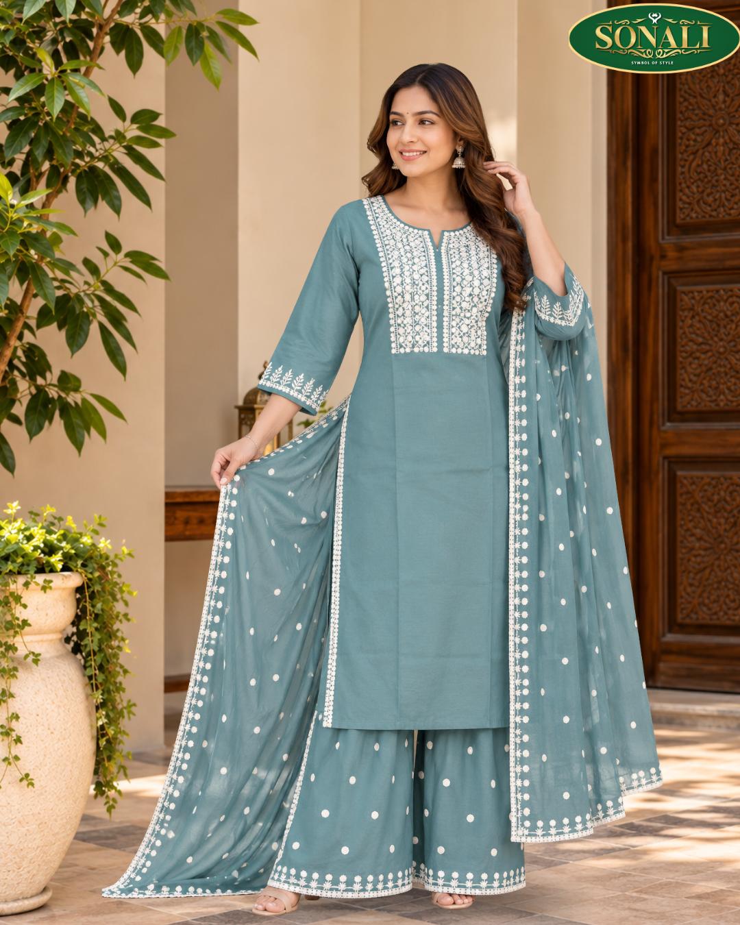 Elegant Brown Embroidered Straight-Suit  with Flared Palazzo & Dupatta