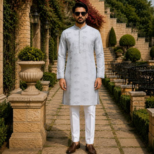 Pearl Grey Embossed Embroidery with Sequin Kurta Set – DMJ138