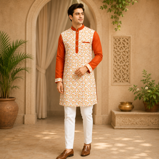 Orange Leaf Print Long Kurta Set – DMJ144