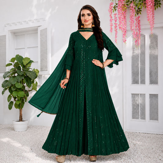 Emerald Elegance Side-Cut Anarkali Set – Emerald Green | LSK559
