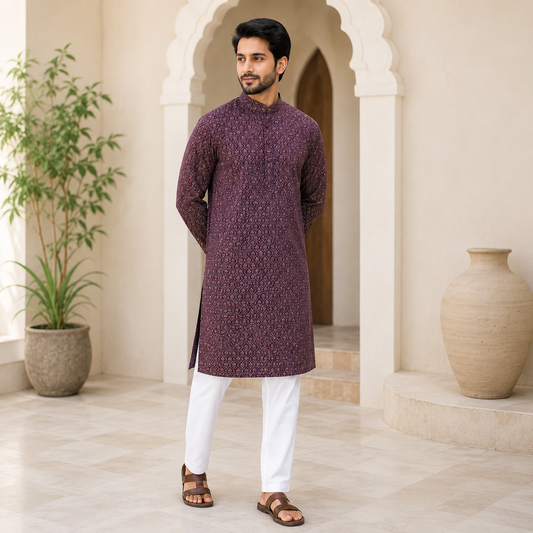 Maroon Printed Mal Cotton Kurta Set – DMJ135