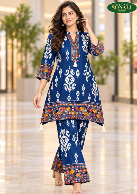 Sonali New Arrival Women’s  Printed Co-ord Set | Kurti Top & Matching Pants | Blue & Wine Purple- TP016