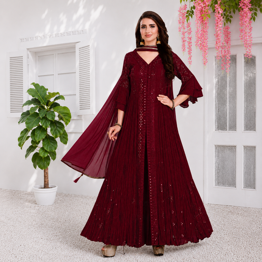 Radiant Elegance Side-Cut Anarkali Set – Wine Red | LSK559