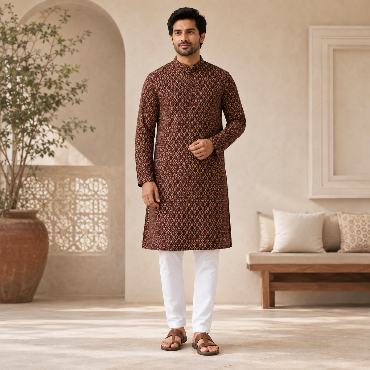 Brown Printed Mal Cotton Kurta Set – DMJ135