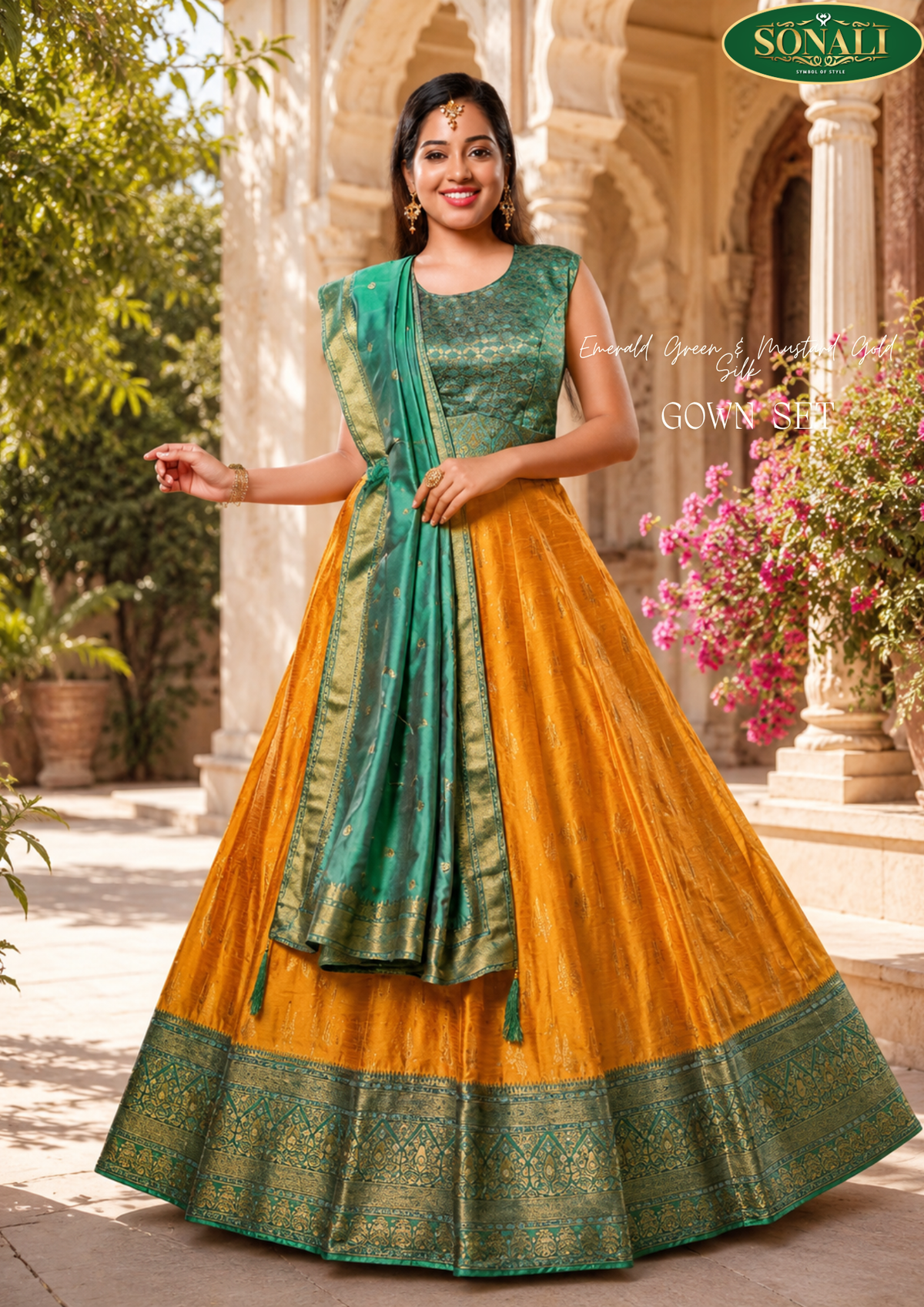 GRG0W04-MS Emerald Green & Mustard Gold Silk Gown Set