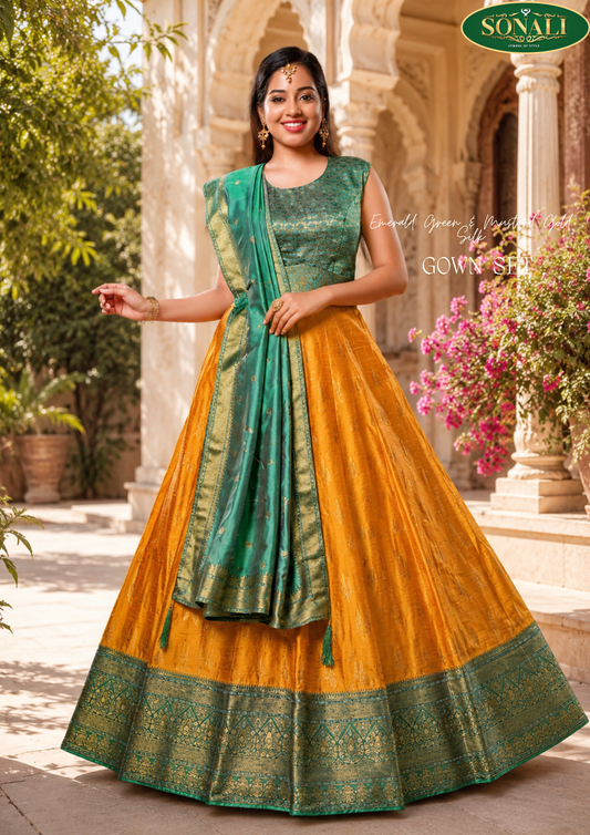 GRG0W04-MS Emerald Green & Mustard Gold Silk Gown Set