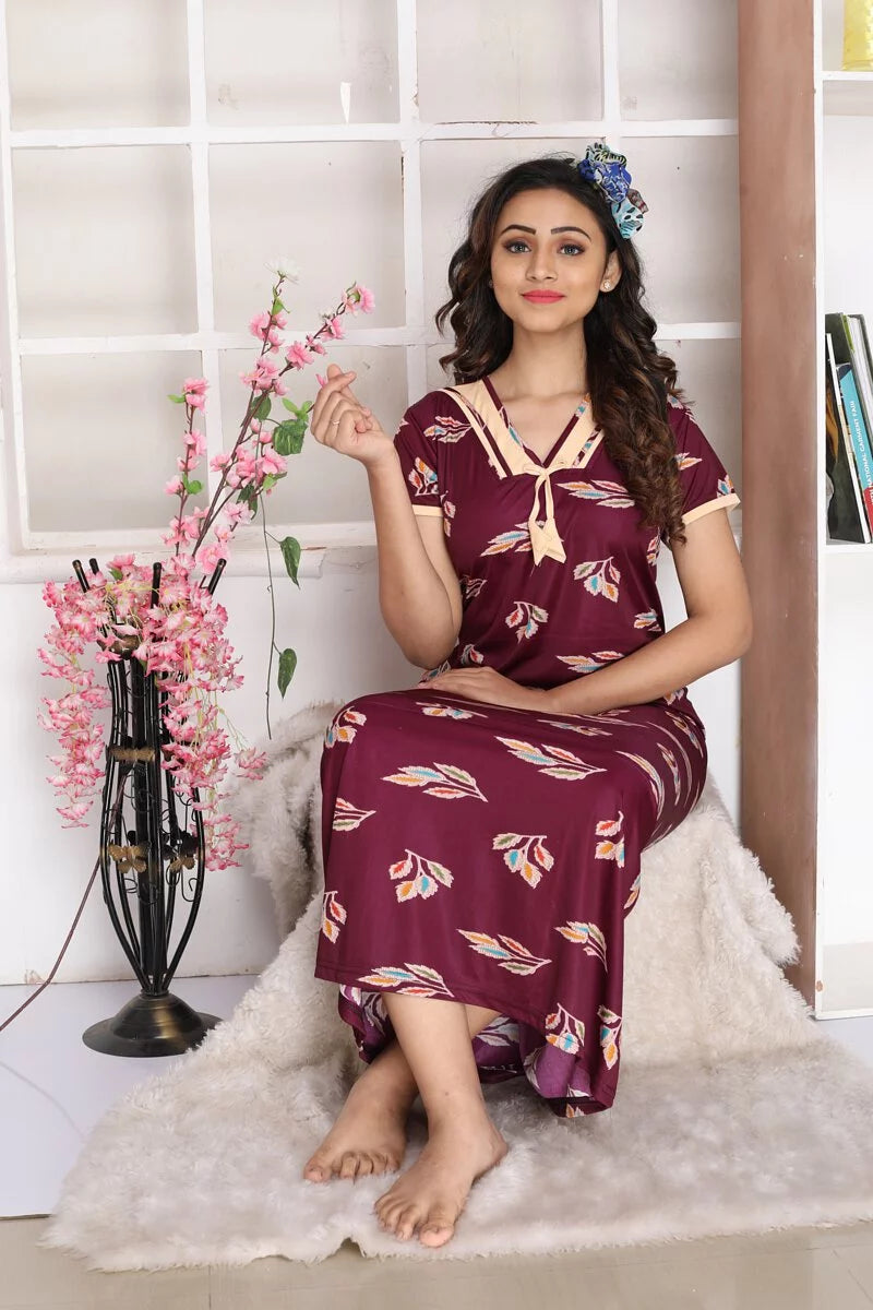 Women Wine Jersey Stretchable Hand Washable Maxi Night House Coat With Pocket Q1492
