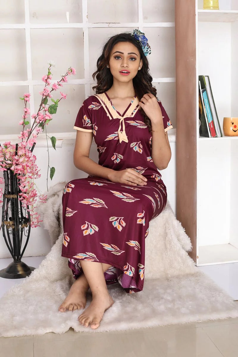 Women Wine Jersey Stretchable Hand Washable Maxi Night House Coat With Pocket Q1492