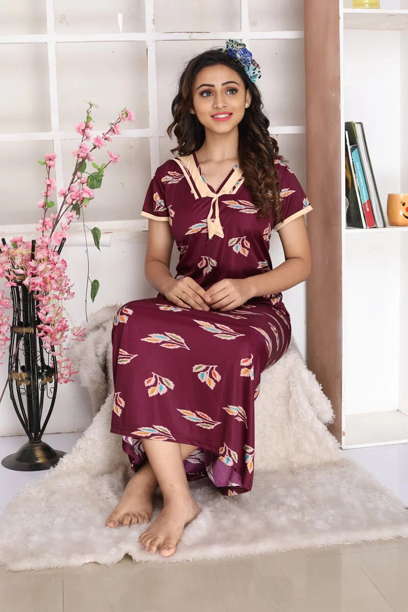 Women Wine Jersey Stretchable Hand Washable Maxi Night House Coat With Pocket Q1492