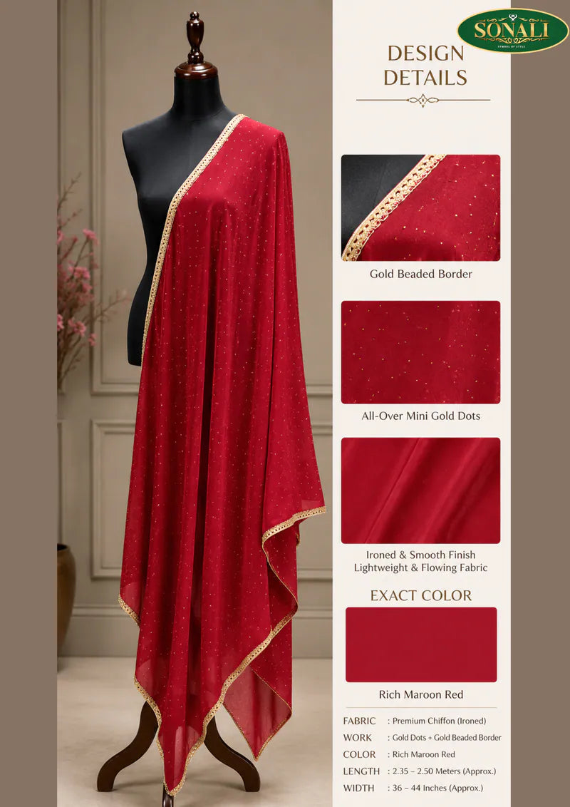 Women's Chiffon Dupatta with Gold Dots & Beaded Border - Color Refer Images