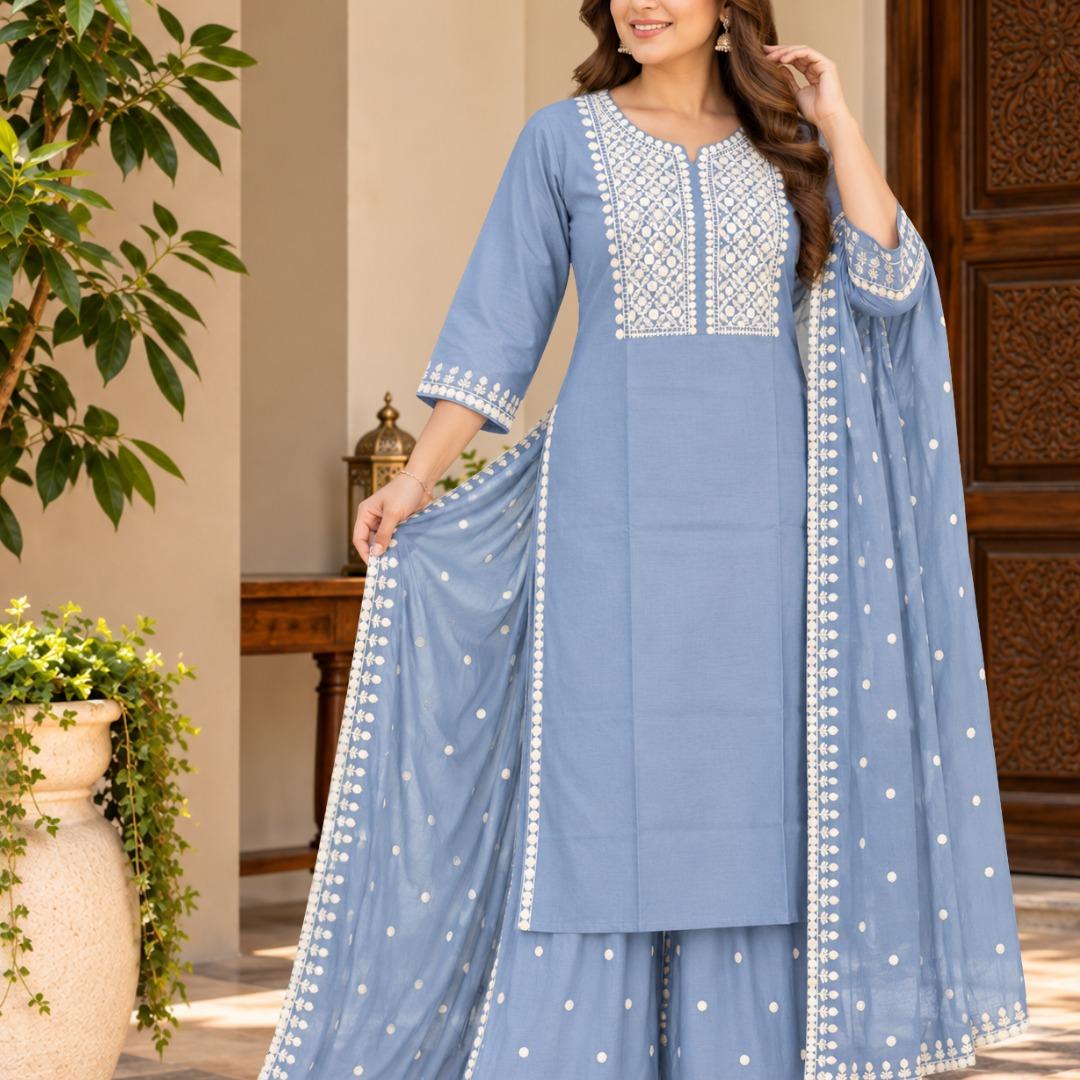 Elegant Brown Embroidered Straight-Suit  with Flared Palazzo & Dupatta