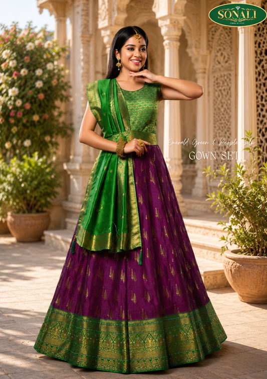 GRG0W04-MS Emerald Green & Purple Silk Gown Set