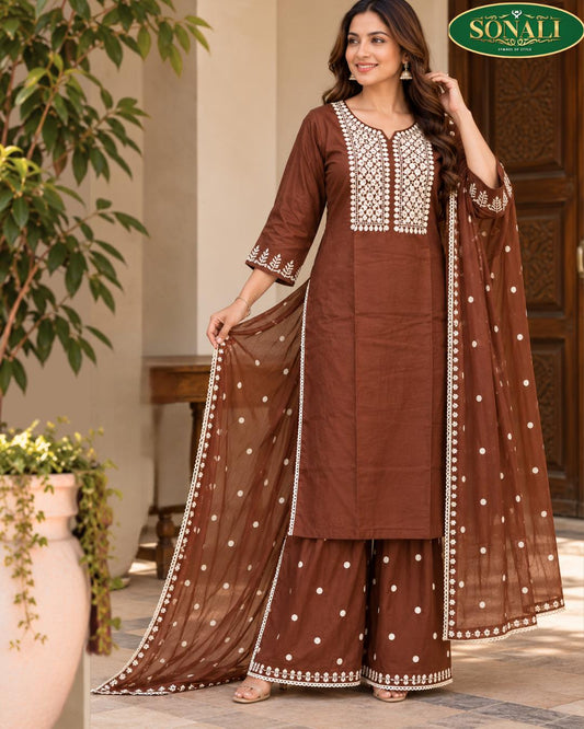 Elegant Brown Embroidered Straight-Suit  with Flared Palazzo & Dupatta