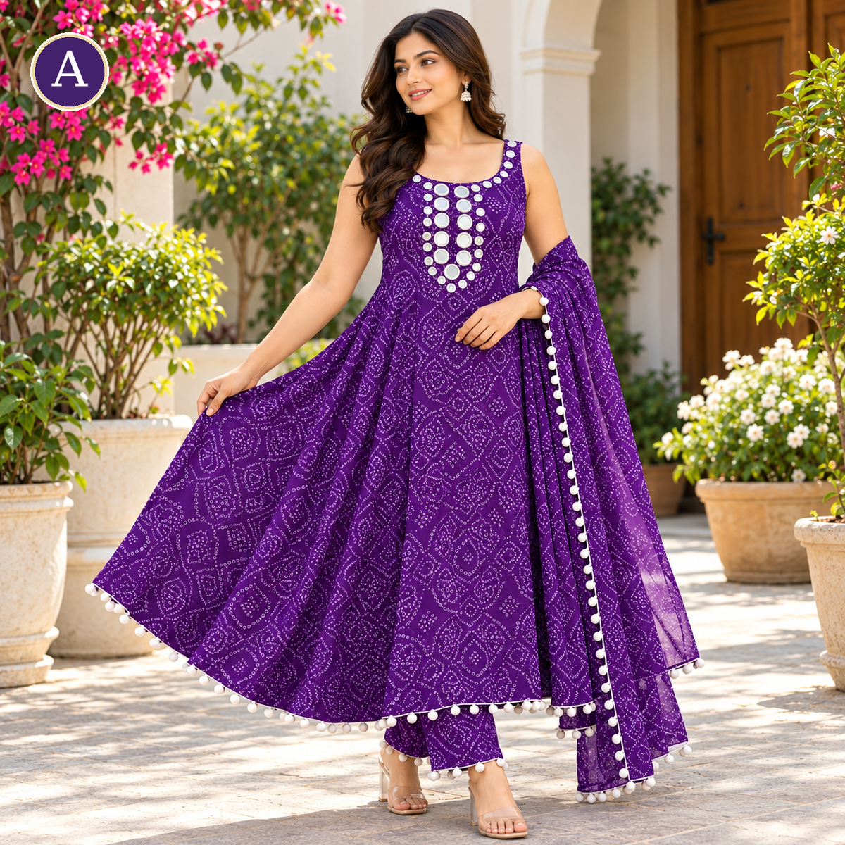 Women's Designer Bandhani Anarkali 3-Piece Suit Set with Dupatta – LSK239