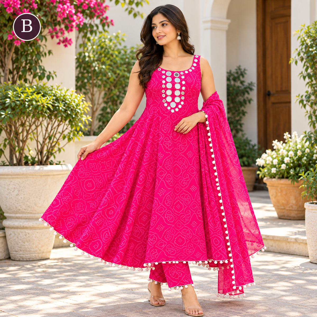 Women's Designer Bandhani Anarkali 3-Piece Suit Set with Dupatta – LSK239